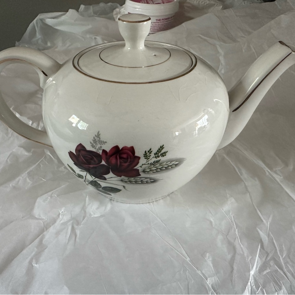 Vintage English Floral Teapot Burgundy Roses Gold Trim Cottagecore Decor AS IS